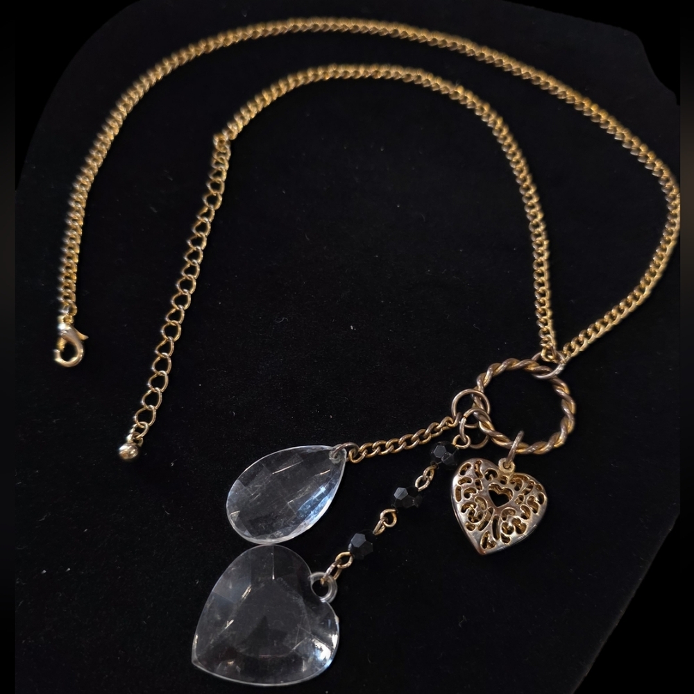 Gold Heart and Crystal Drop Necklace
